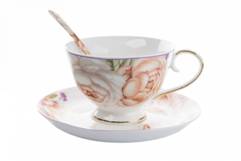 Zestaw 6 filiżanek porcelana z łyżeczkami róża kremowa