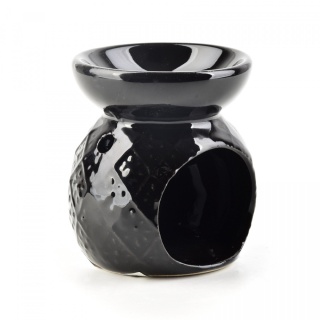 Czarny kominek na wosk zapachowy połysk ceramika tłoczenia