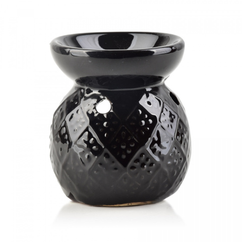 Czarny kominek na wosk zapachowy połysk ceramika tłoczenia