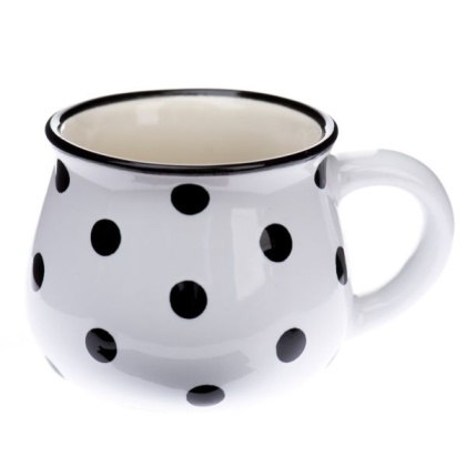 Ceramiczny kubek beczułka espresso biały w czarne kropki
