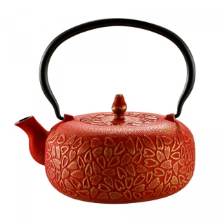Dzbanek żeliwny do herbaty z sitkiem czerwony w serca