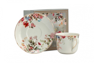 Komplet filiżanka ze spodkiem biała w kwiaty na prezent