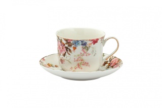 Komplet filiżanka ze spodkiem biała w kwiaty na prezent