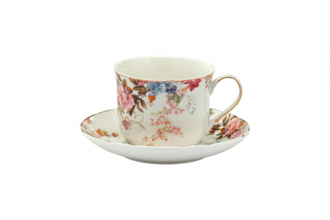 Komplet filiżanka ze spodkiem biała w kwiaty na prezent