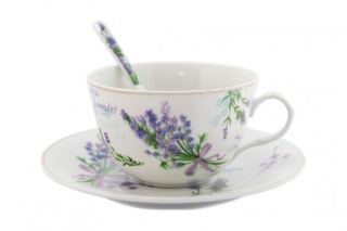 Komplet 2 filiżanek do kawy spodki łyżeczki lawenda Pegasus