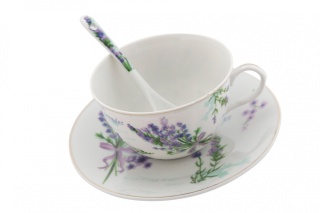 Komplet 2 filiżanek do kawy spodki łyżeczki lawenda Pegasus