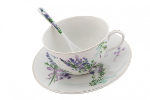 Komplet 2 filiżanek do kawy spodki łyżeczki lawenda Pegasus
