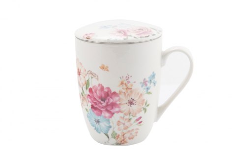 Komplet kubek z zaparzaczem biały w kwiaty livello prezent