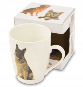 Wysoki kubek w pudełku porcelana na urodziny pies owczarek