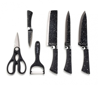 Zestaw 4 noży stal nierdzewna obieraczka nożyczki marmur