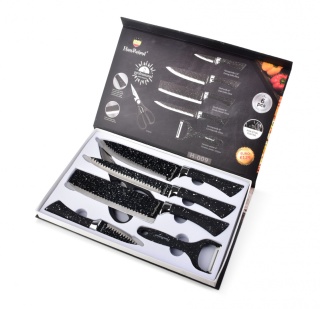 Zestaw 4 noży stal nierdzewna obieraczka nożyczki marmur