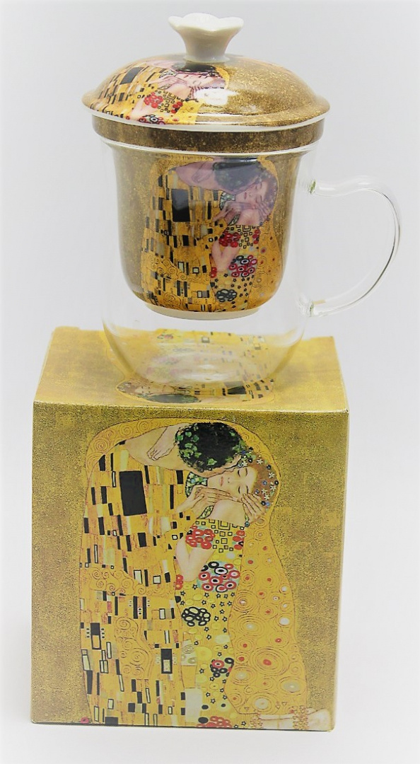 Komplet kubek szklany sitko do herbaty Klimt Pocałunek