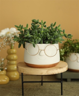 Osłonka doniczka głowa w okularach na kwiaty kremowa mat