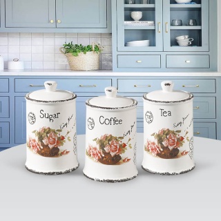 Zestaw 3 pojemników na kawę cukier herbatę róża ceramika