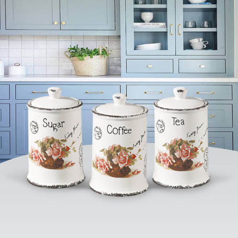 Zestaw 3 pojemników na kawę cukier herbatę róża ceramika