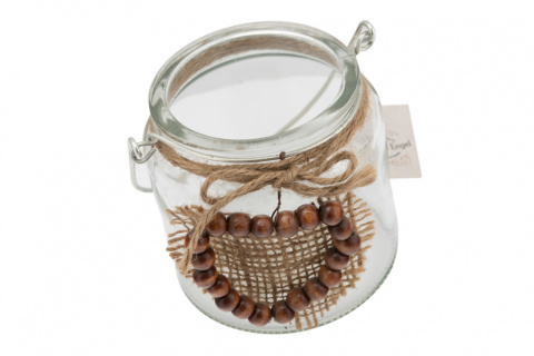 Ozdobny lampion świecznik szklany latarnia serce drewniane