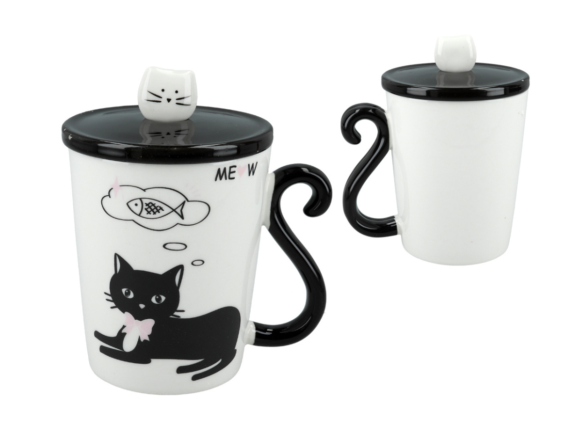 Zestaw kubek z pokrywką i łyżeczką do herbaty kawy z kotem