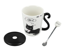 Zestaw kubek z pokrywką i łyżeczką do herbaty kawy z kotem