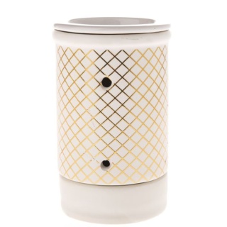 Biały ceramiczny kominek na olejek zapachowy złoty kratka