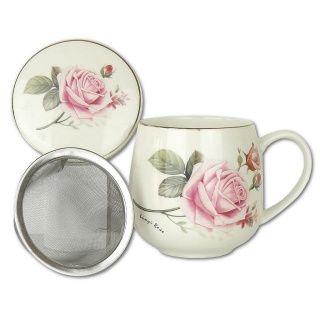 Komplet kubek beczułka z zaparzaczem i przykrywką róże