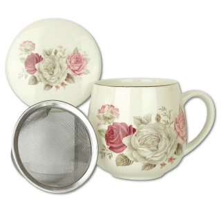 Zestaw kubek beczułka z sitkiem i przykrywką róże prezent