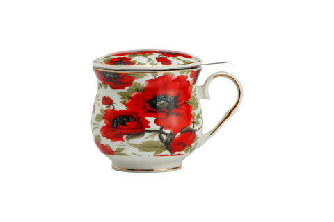 Komplet kubek biały w maki z sitkiem i przykrywką do ziół