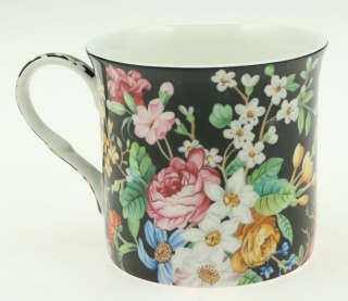 Kubek na prezent ozdobiony kwiatami porcelanowy czarny