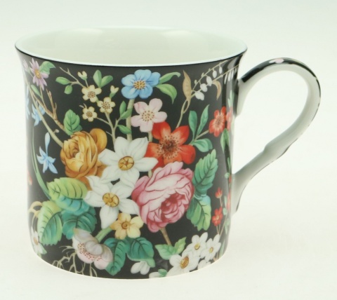 Kubek na prezent ozdobiony kwiatami porcelanowy czarny