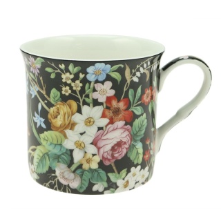 Kubek na prezent ozdobiony kwiatami porcelanowy czarny