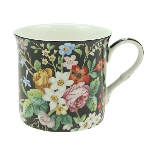 Kubek na prezent ozdobiony kwiatami porcelanowy czarny