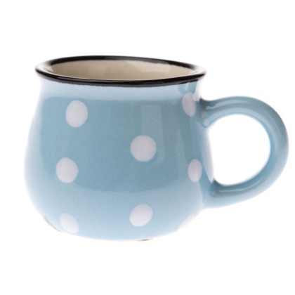 Uroczy kubek beczułka espresso niebieski w białe kropki