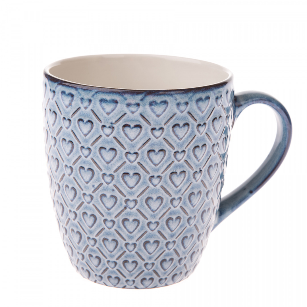 Duży ceramiczny kubek niebieski tłoczony wzór serduszka