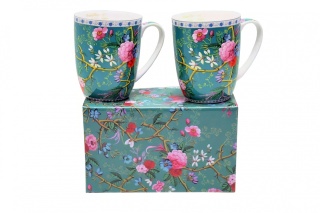 Zestaw dwa kubki porcelanowe na prezent kwiaty meadow zielony