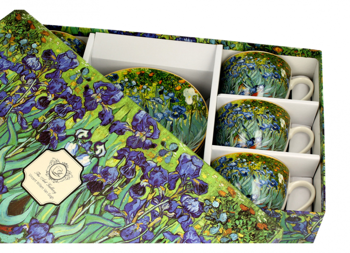 Komplet 6 filiżanek spodki Irysy kwiaty na prezent Van Gogh