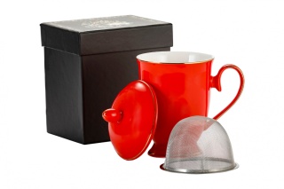 Komplet kubek z sitkiem i przykrywką do herbaty czerwony