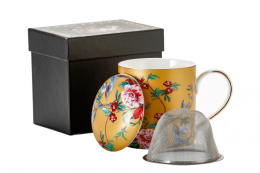 Komplet złoty kubek z sitkiem przykrywką kwiaty do ziół