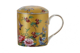 Komplet złoty kubek z sitkiem przykrywką kwiaty do ziół