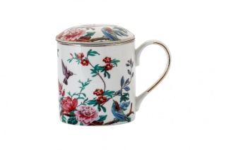 Zestaw biały kubek z sitkiem i przykrywką kwiaty na prezent