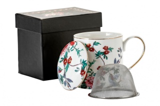 Zestaw biały kubek z sitkiem i przykrywką kwiaty na prezent