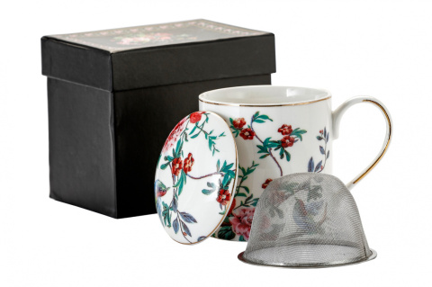 Zestaw biały kubek z sitkiem i przykrywką kwiaty na prezent