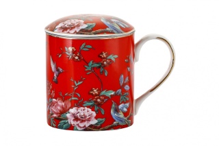 Zestaw czerwony kubek z filtrem przykrywka kwiaty prezent