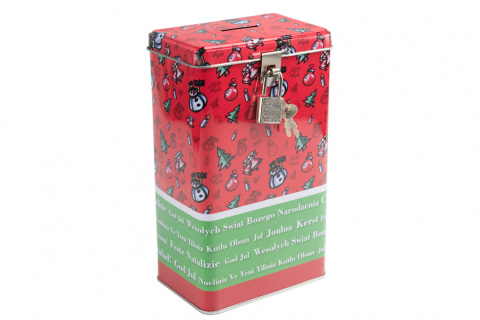 Czerwona puszka skarbonka Boże Narodzenie święta na skarby