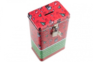 Czerwona puszka skarbonka Boże Narodzenie święta na skarby