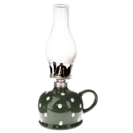Dekoracyjna szklana lampa naftowa zielona w kropki latarenka