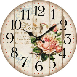 Drewniany okrągły zegar na ścianę arabskie cyfry kwiaty róże