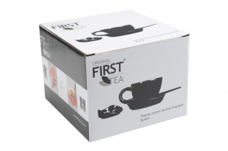 Komplet czarna filiżanka do herbaty kawy skapek mieszadło