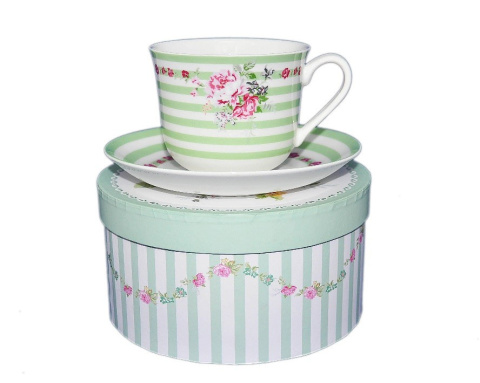 Komplet filiżanka jumbo spodek do kawy na prezent zielone pasy