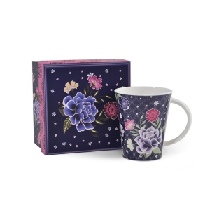 Kubek z porcelany kostnej do kawy granatowy w kwiaty prezent