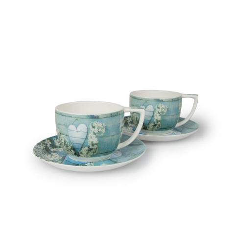 Komplet 2 filiżanki do kawy herbaty w pudełku serca turkus