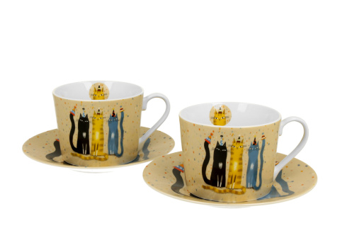 Komplet dwie filiżanki ze spodkami party koty na urodziny